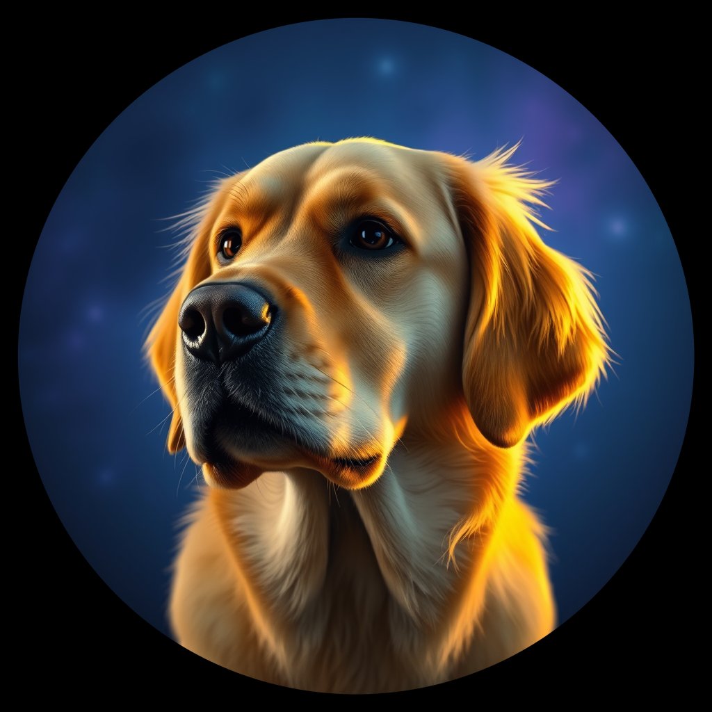 Cosmic medallion portrait of GRLS_grls7K5JPQDD, a Golden Retriever
