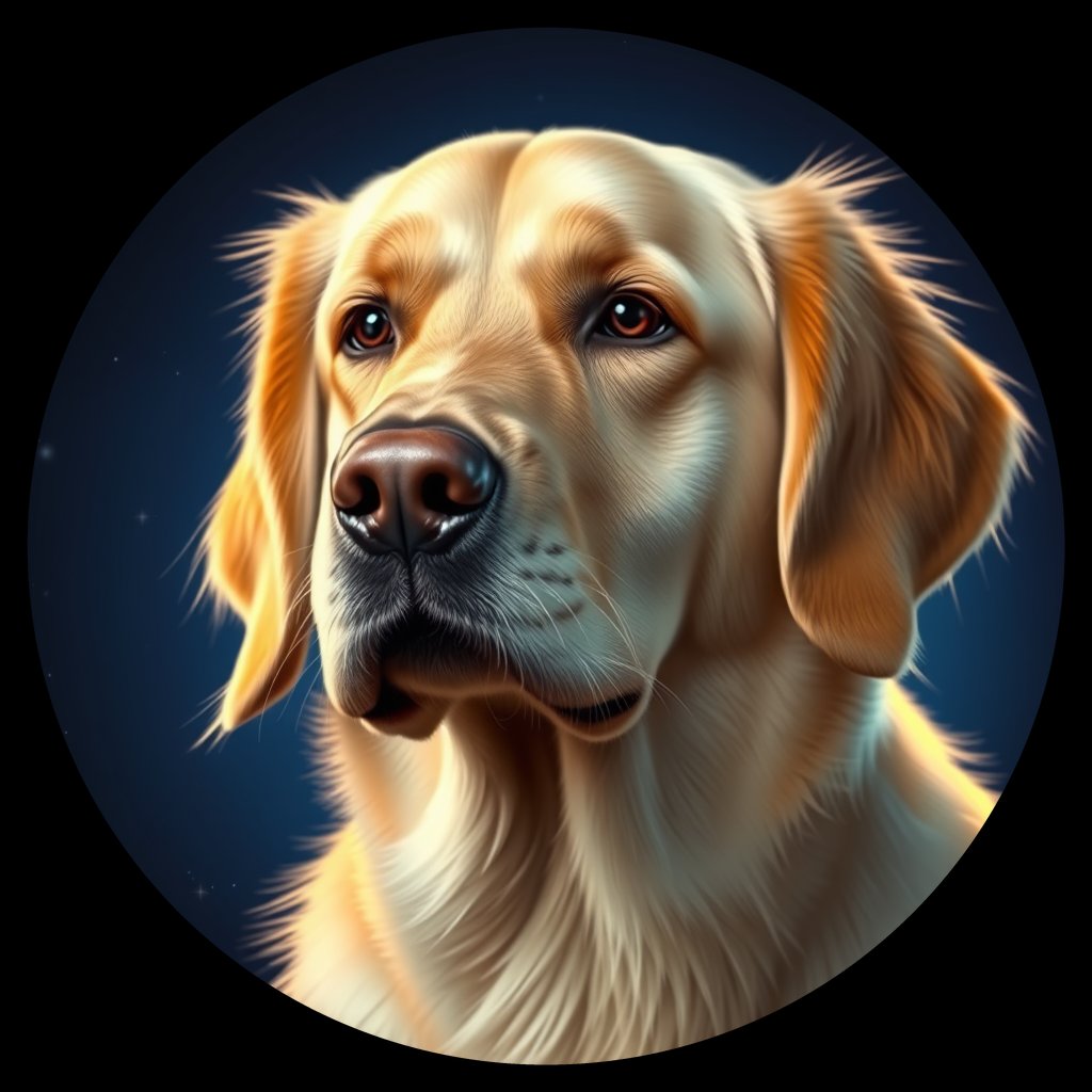 Cosmic medallion portrait of GRLS_grls7K7O3OJJ, a Golden Retriever