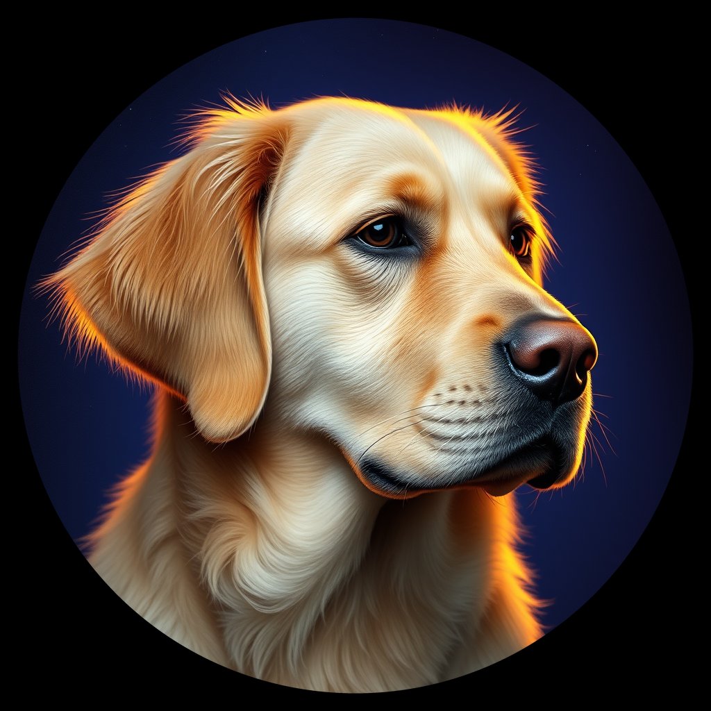 Cosmic medallion portrait of GRLS_grls7NDETY77, a Golden Retriever