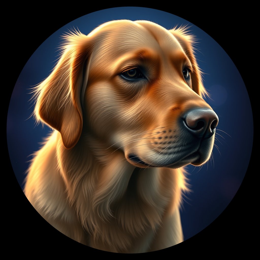 Cosmic medallion portrait of GRLS_grls7P4NN355, a Golden Retriever