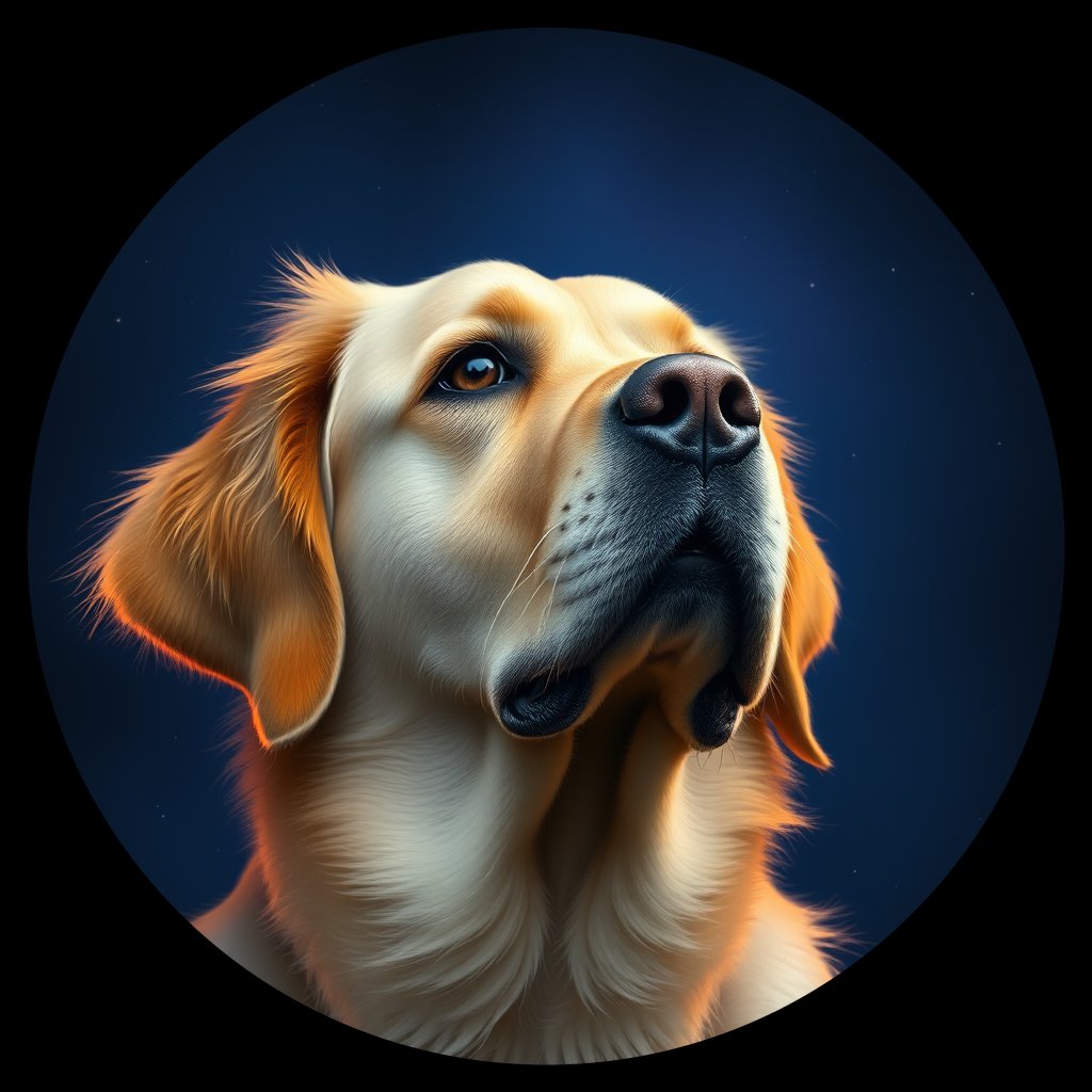 Cosmic medallion portrait of GRLS_grls7QR8H733, a Golden Retriever