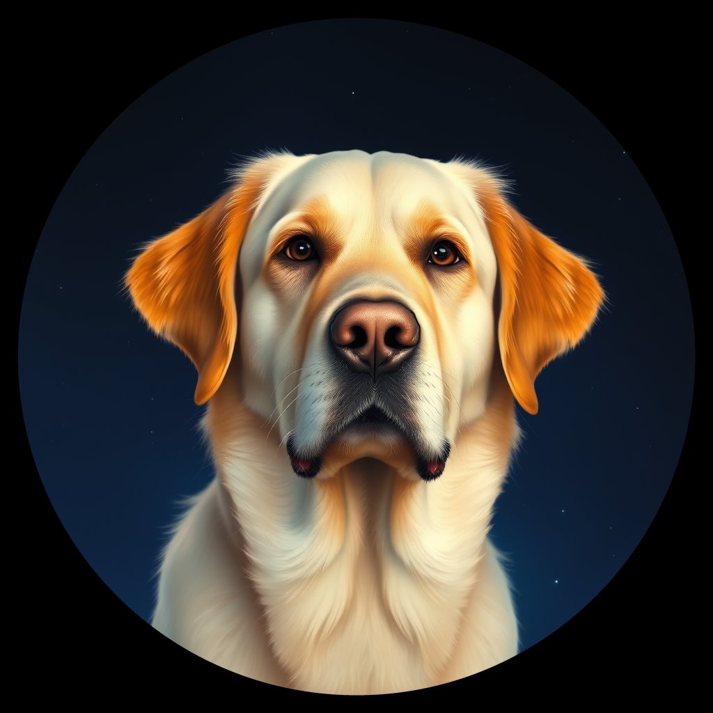 Cosmic medallion portrait of GRLS_grls7R3QE5JJ, a Golden Retriever