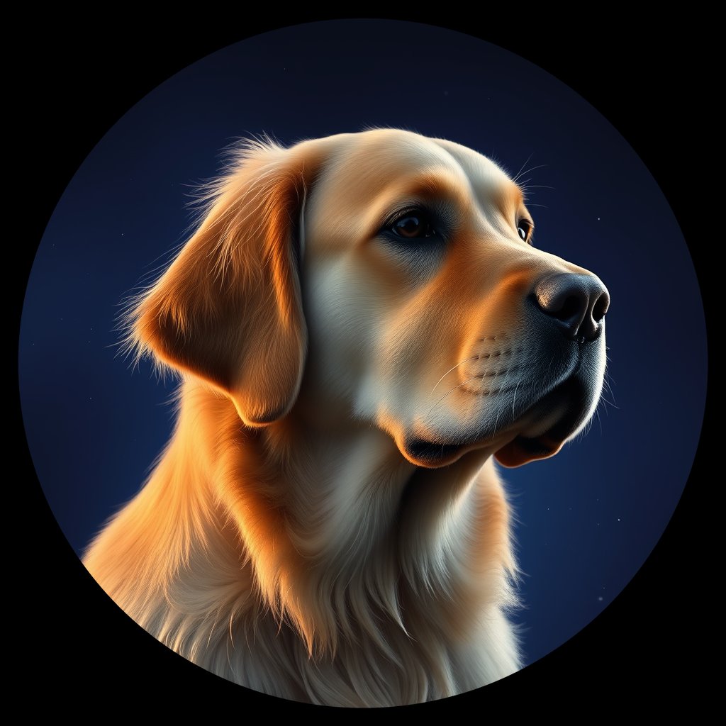 Cosmic medallion portrait of GRLS_grls7XFLIQOO, a Golden Retriever