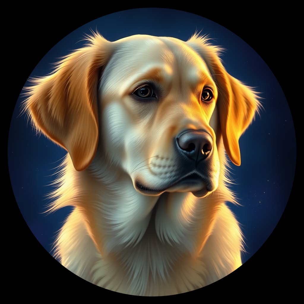 Cosmic medallion portrait of GRLS_grls7ZH3Y8BB, a Golden Retriever