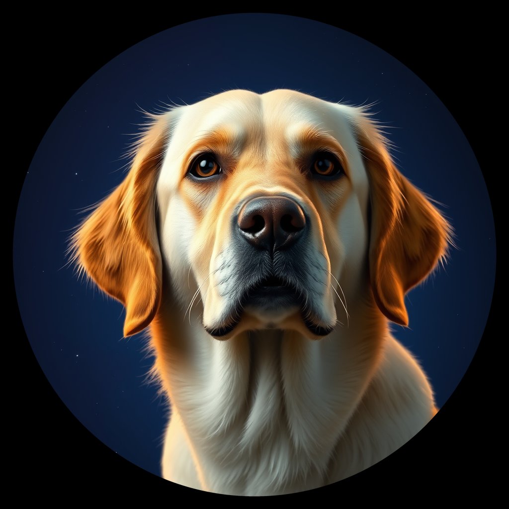 Cosmic medallion portrait of GRLS_grls80VR65RR, a Golden Retriever