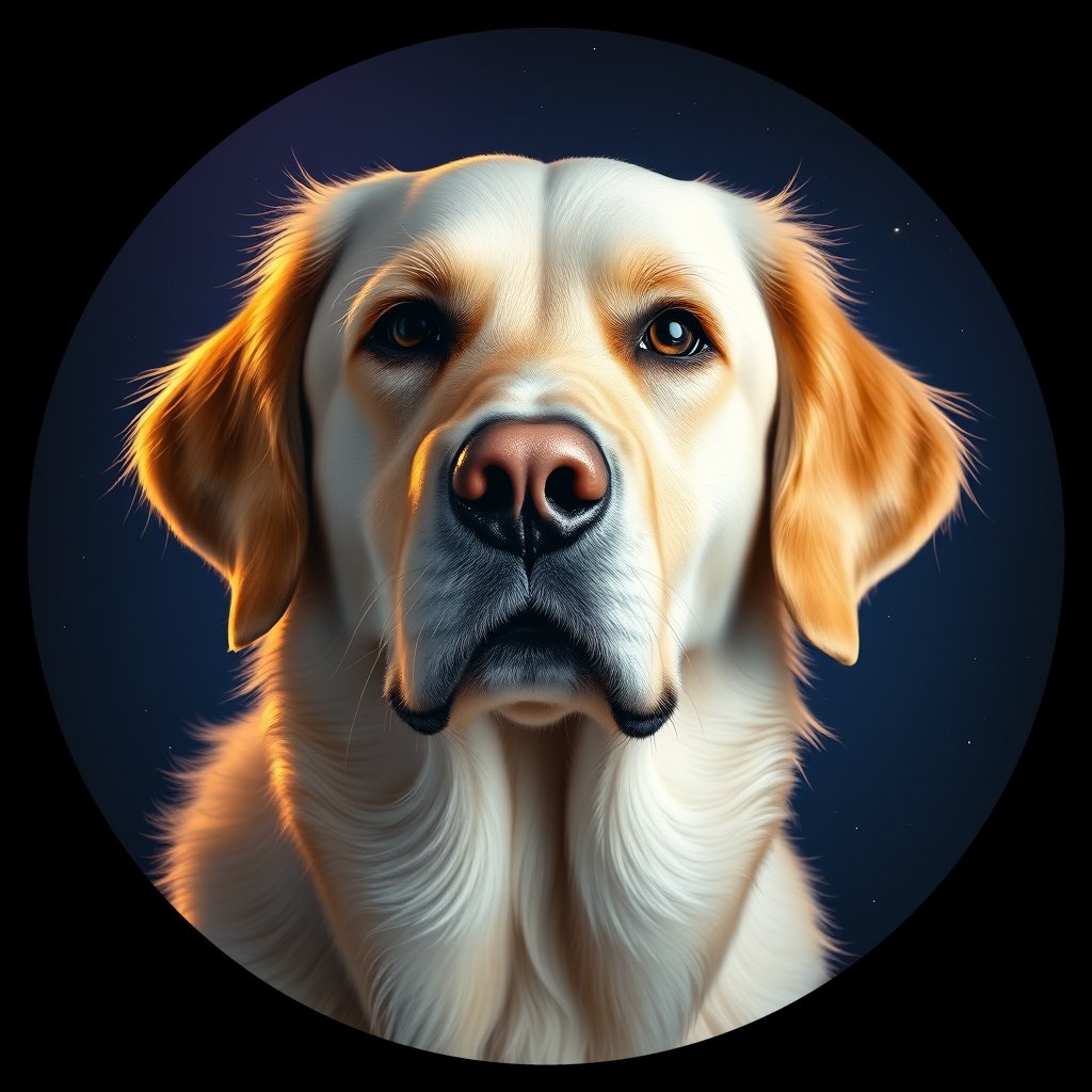 Cosmic medallion portrait of GRLS_grls83C2TLMM, a Golden Retriever