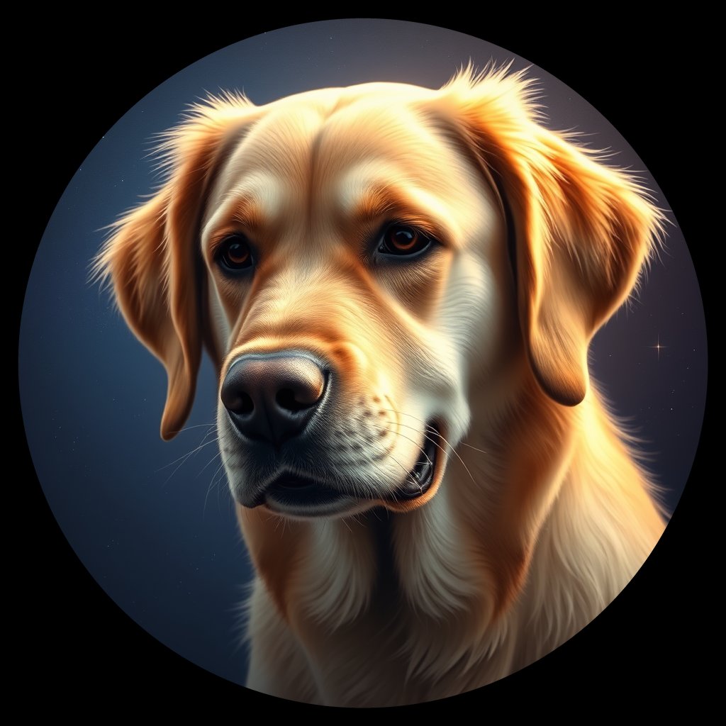 Cosmic medallion portrait of GRLS_grls8B25S277, a Golden Retriever