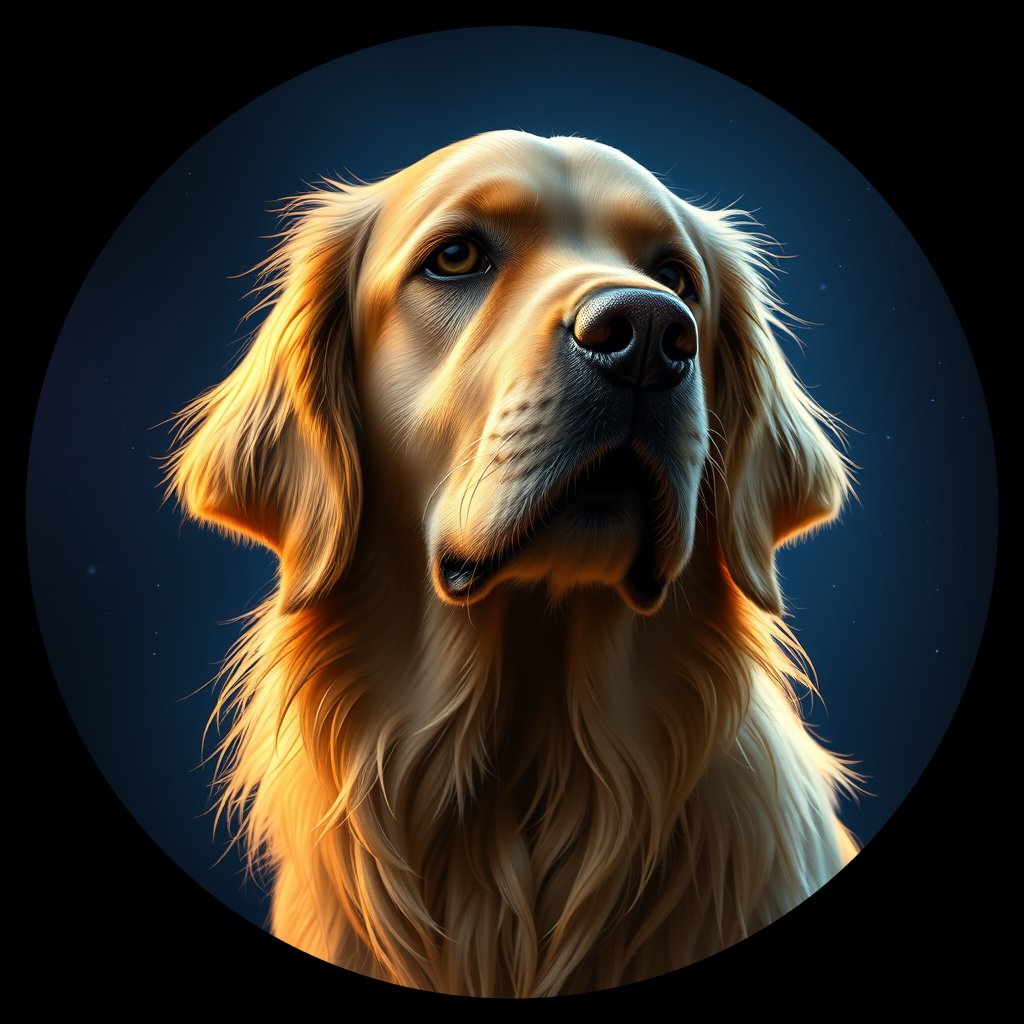 Cosmic medallion portrait of GRLS_grls8B3WC3QQ, a Golden Retriever