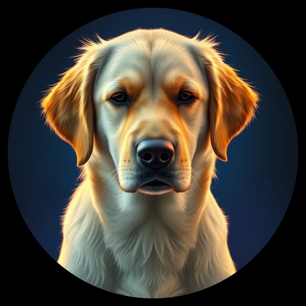 Cosmic medallion portrait of GRLS_grls8FWJRAZZ, a Golden Retriever