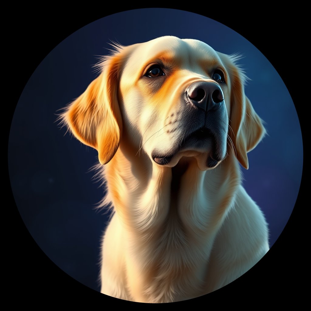 Cosmic medallion portrait of GRLS_grls8G77B1CC, a Golden Retriever