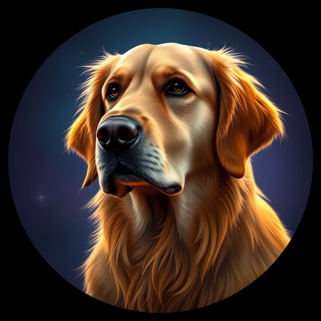 Cosmic medallion portrait of GRLS_grls8G7GBZ88, a Golden Retriever