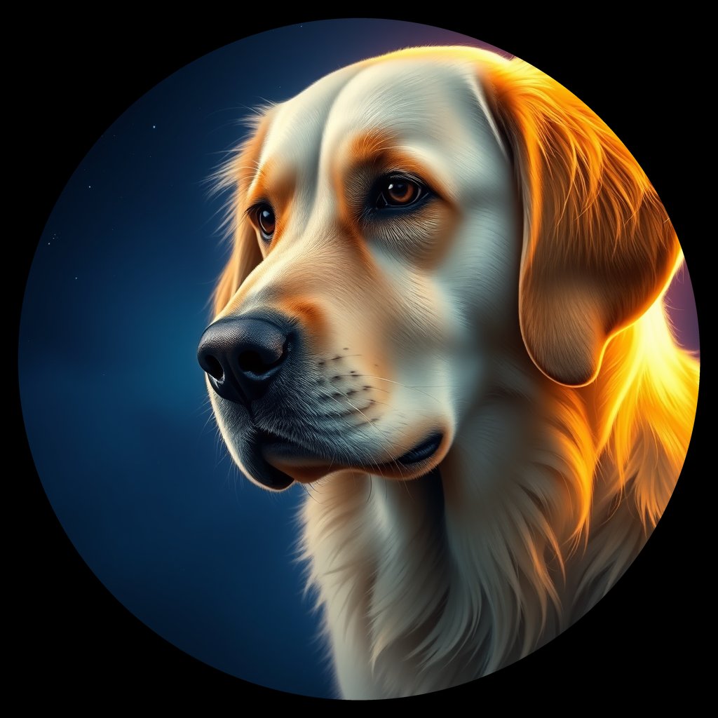 Cosmic medallion portrait of GRLS_grls8HJGF3NN, a Golden Retriever