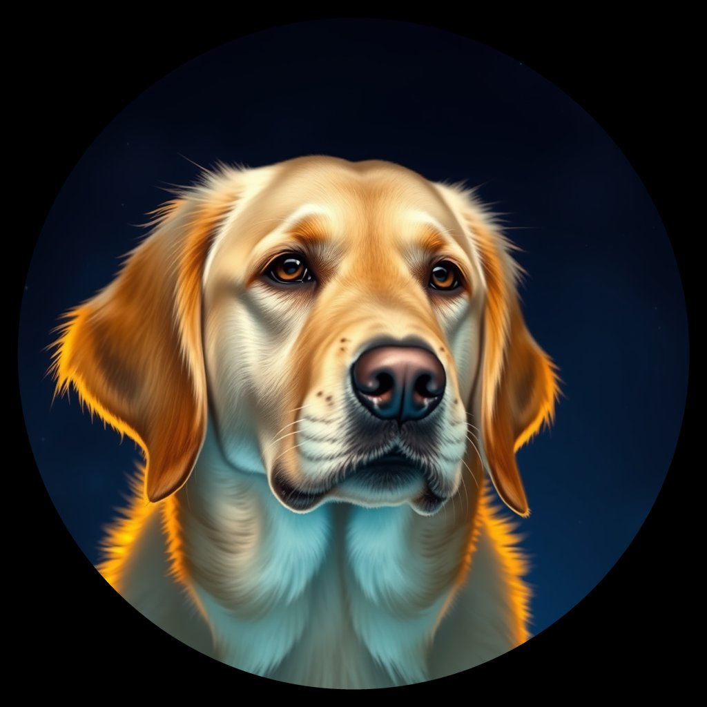 Cosmic medallion portrait of GRLS_grls8IY6PXBB, a Golden Retriever
