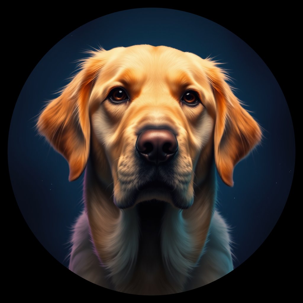 Cosmic medallion portrait of GRLS_grls8J9DC77, a Golden Retriever