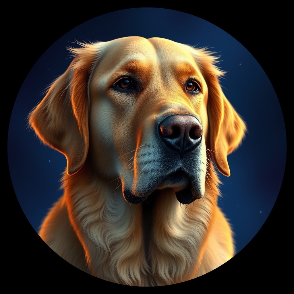 Cosmic medallion portrait of GRLS_grls8JLHU1WW, a Golden Retriever