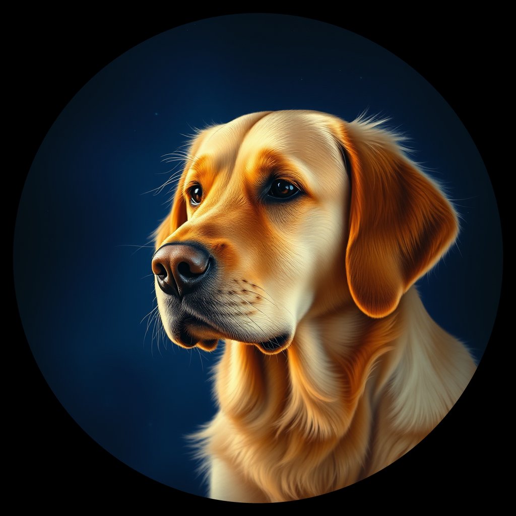 Cosmic medallion portrait of GRLS_grls8L71C4RR, a Golden Retriever