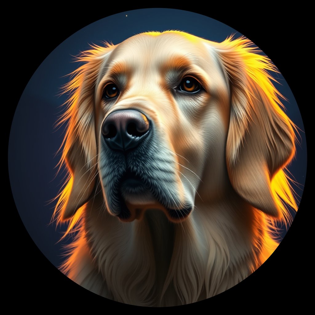 Cosmic medallion portrait of GRLS_grls8N6RW177, a Golden Retriever
