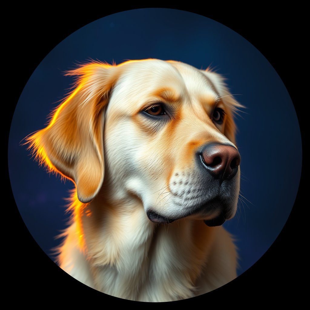 Cosmic medallion portrait of GRLS_grls8O0B18OO, a Golden Retriever