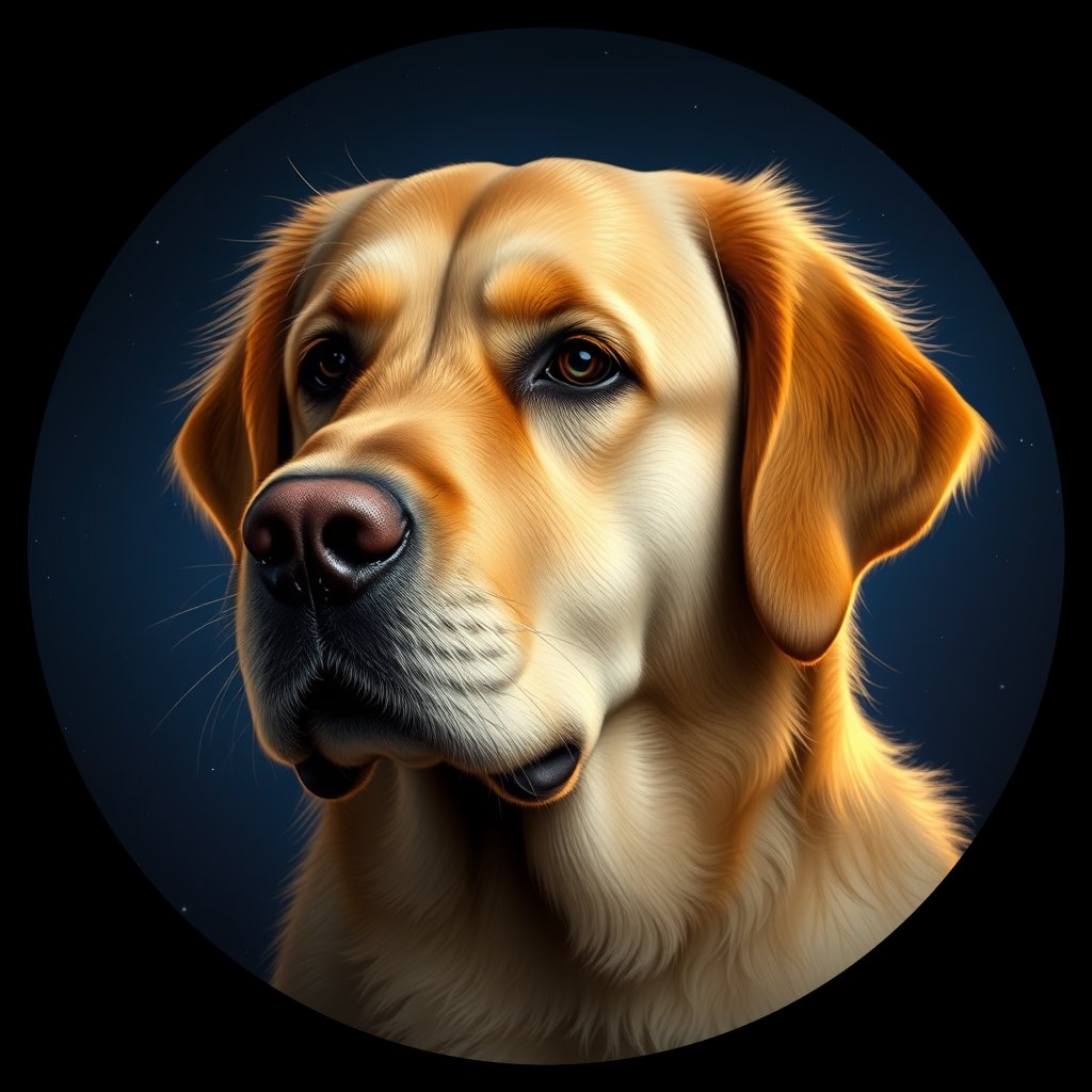 Cosmic medallion portrait of GRLS_grls8QSN40NN, a Golden Retriever