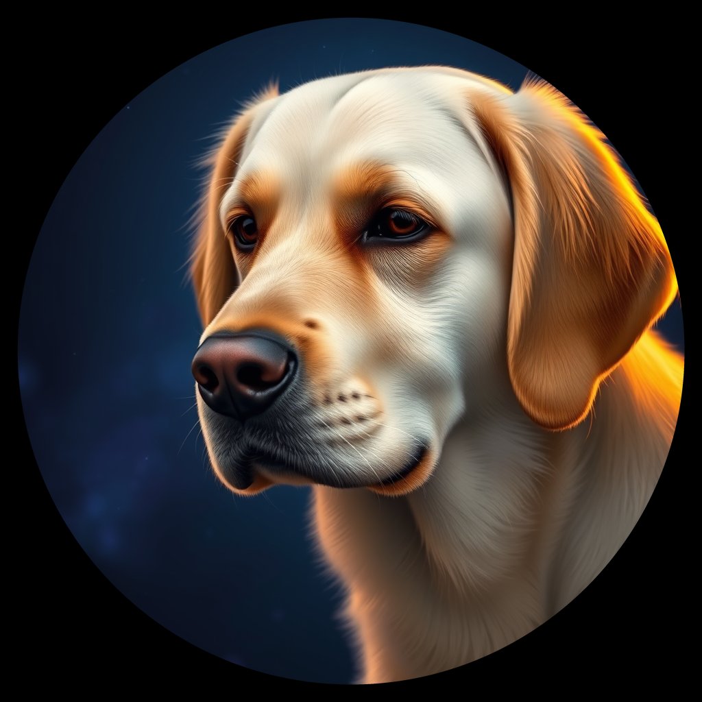 Cosmic medallion portrait of GRLS_grls8VMEW0YY, a Golden Retriever