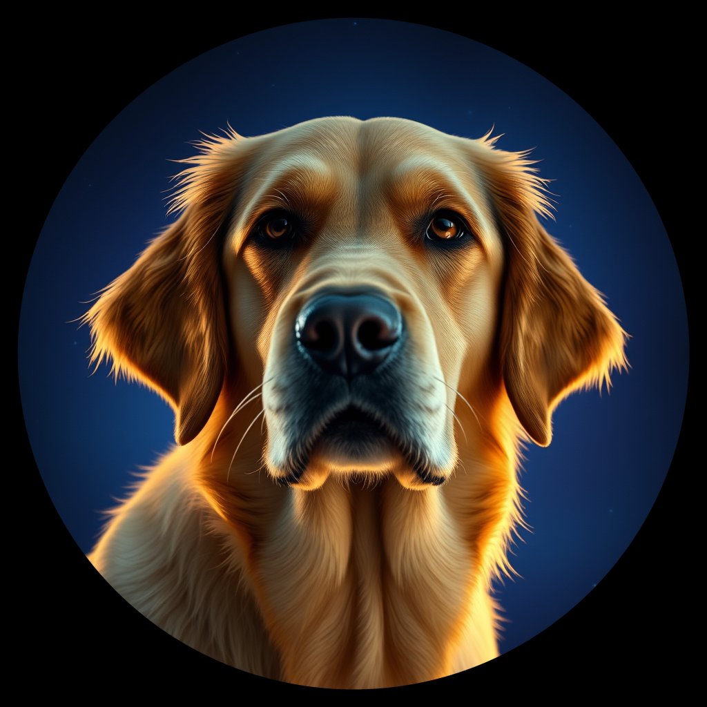 Cosmic medallion portrait of GRLS_grls8X3GO5QQ, a Golden Retriever