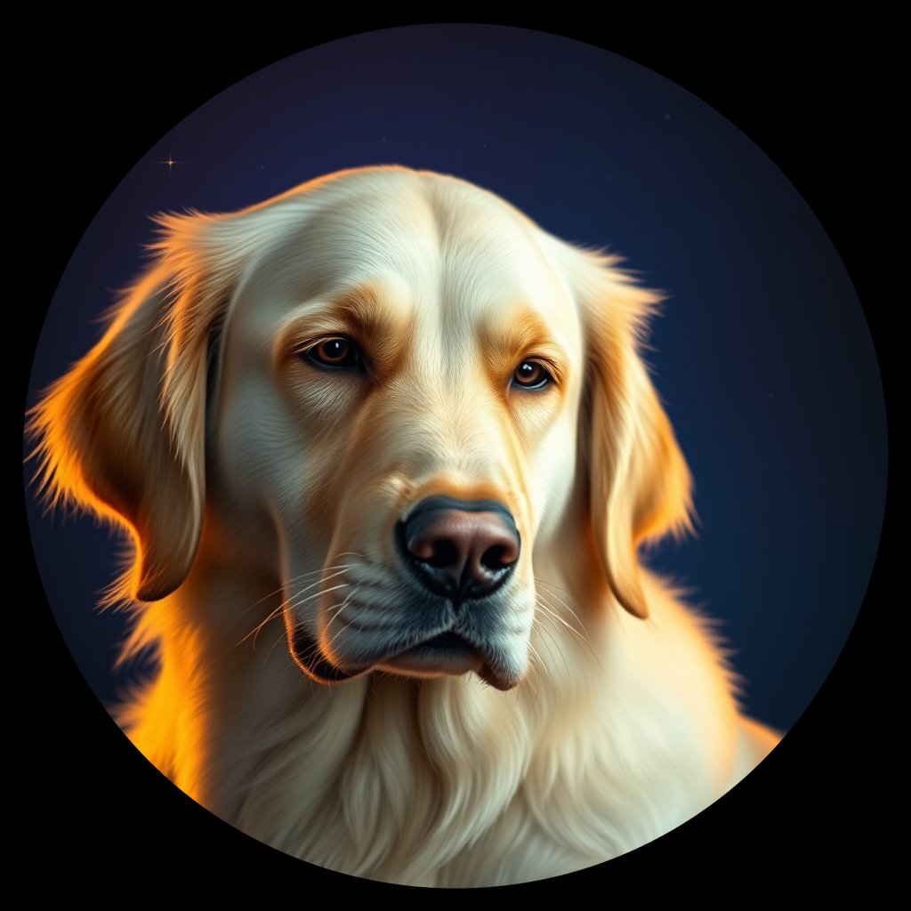 Cosmic medallion portrait of GRLS_grls97GJL8II, a Golden Retriever