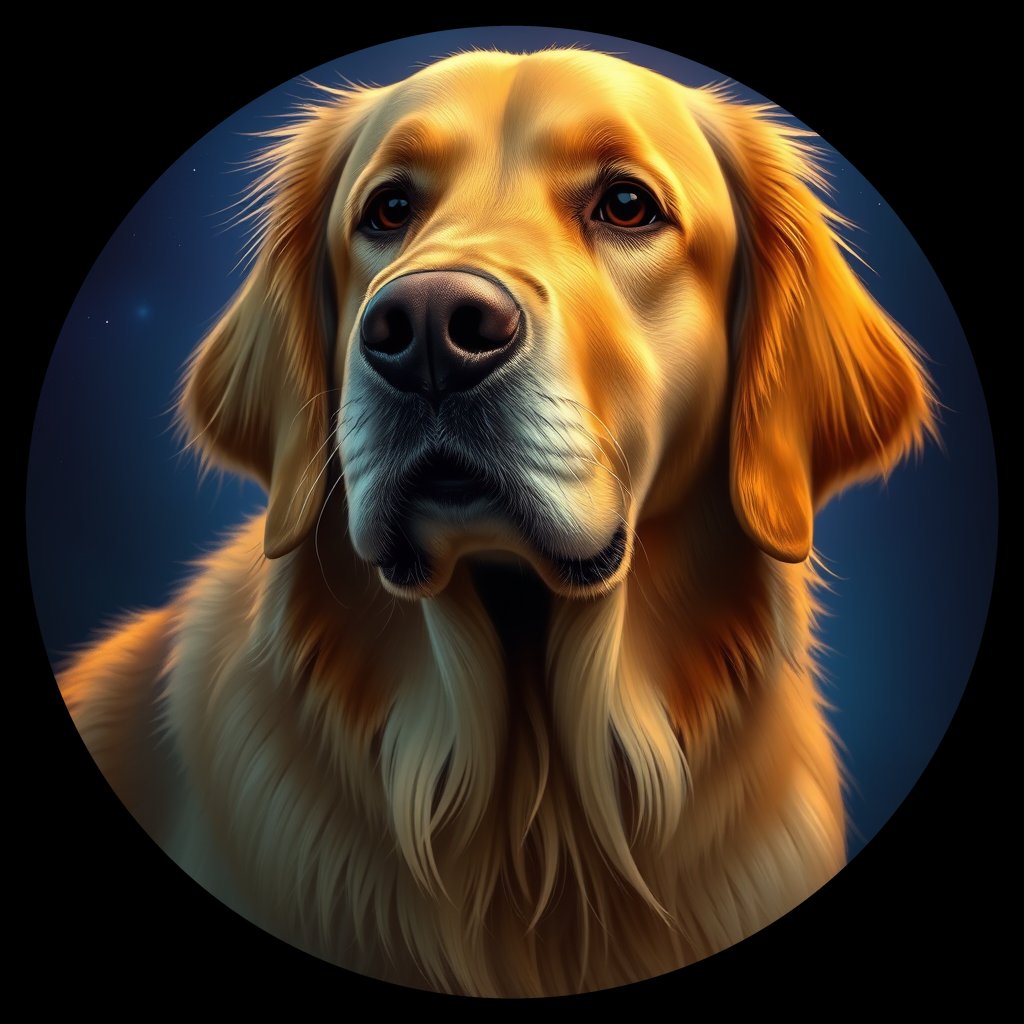 Cosmic medallion portrait of GRLS_grls9EC9UJ88, a Golden Retriever