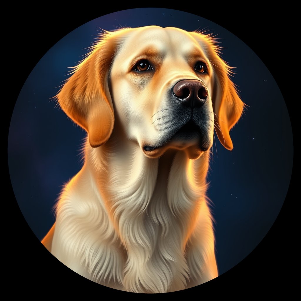 Cosmic medallion portrait of GRLS_grls9INU92LL, a Golden Retriever