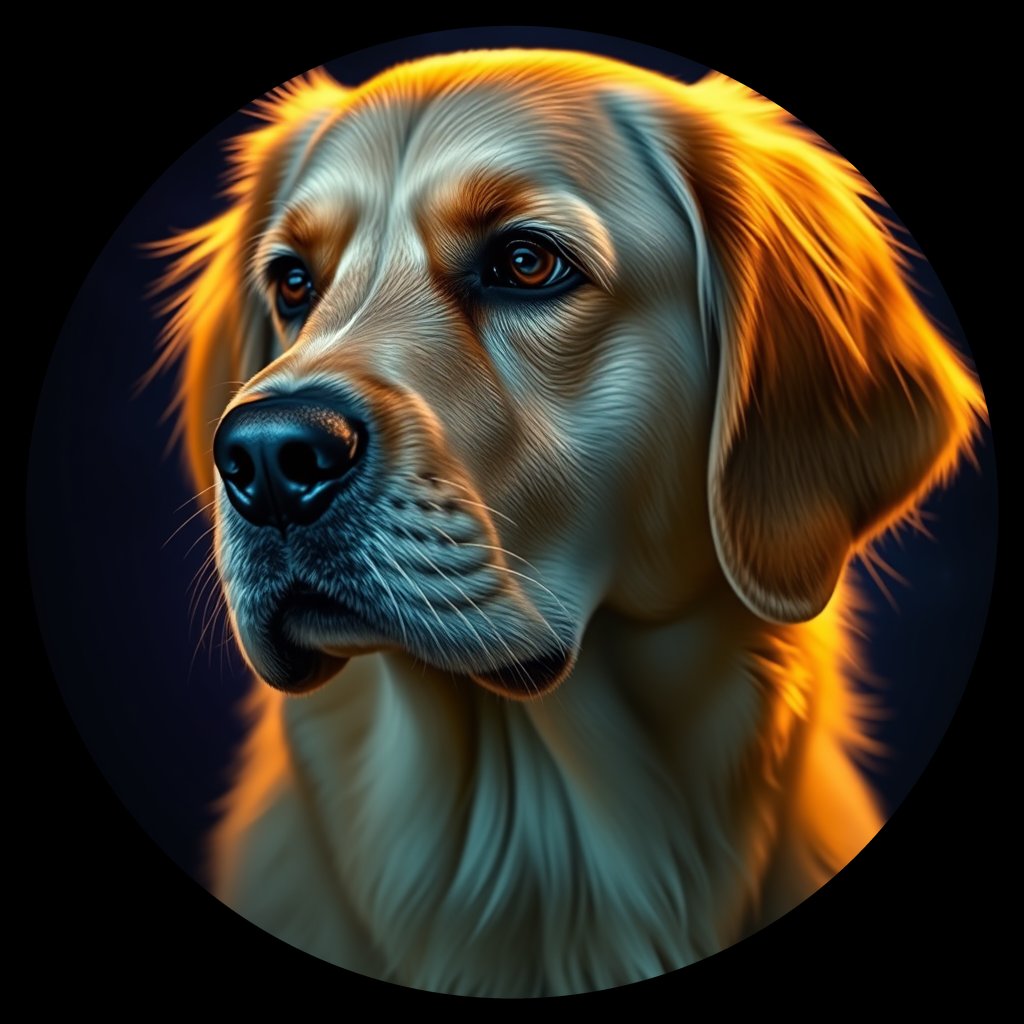 Cosmic medallion portrait of GRLS_grlsA4CWD677, a Golden Retriever