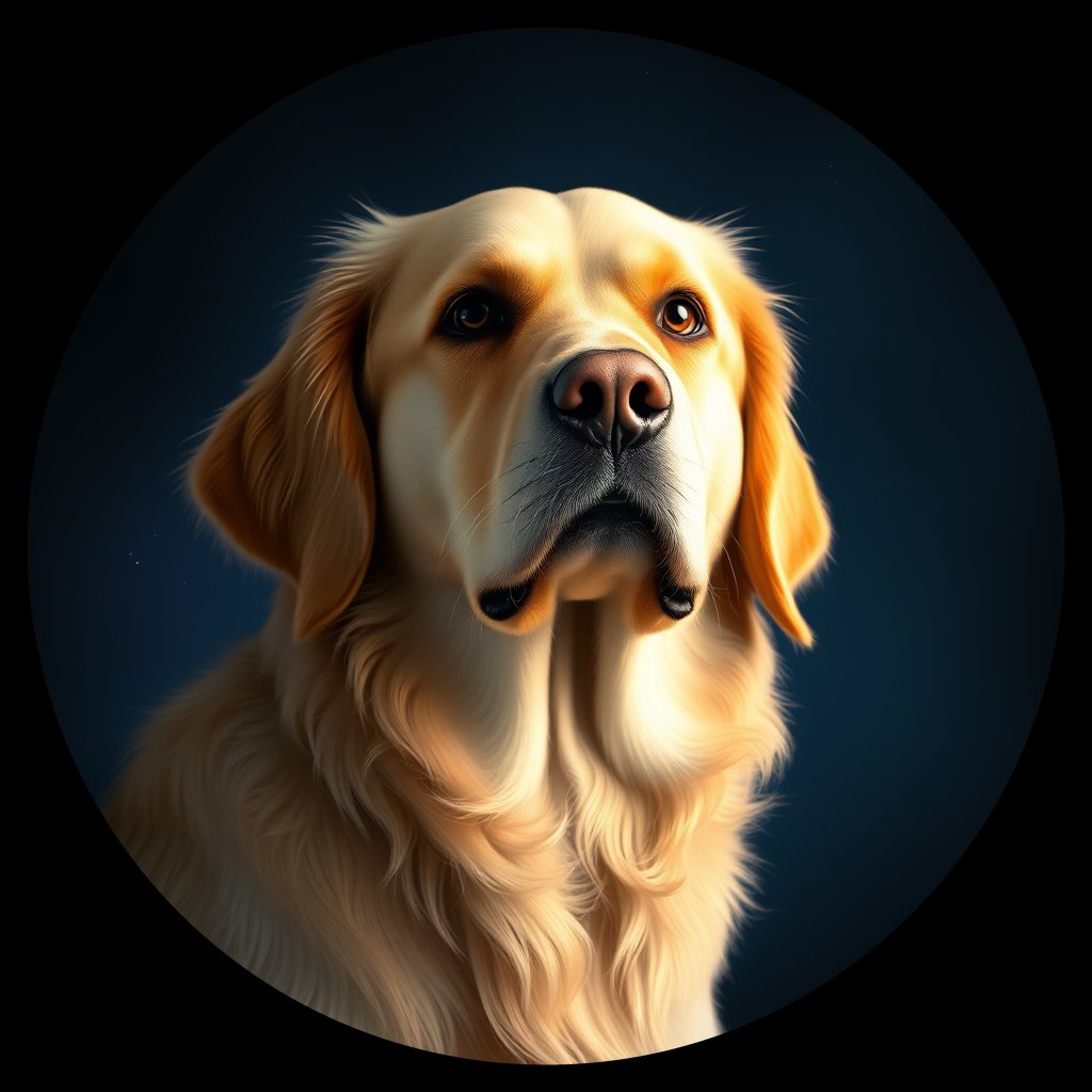 Cosmic medallion portrait of GRLS_grlsA5PHKWWW, a Golden Retriever