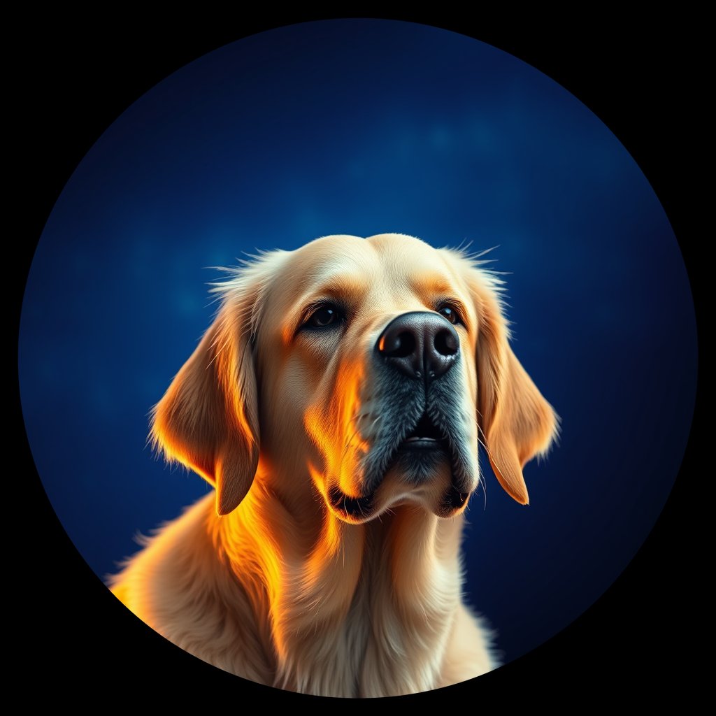 Cosmic medallion portrait of GRLS_grlsA6H4Q3RR, a Golden Retriever
