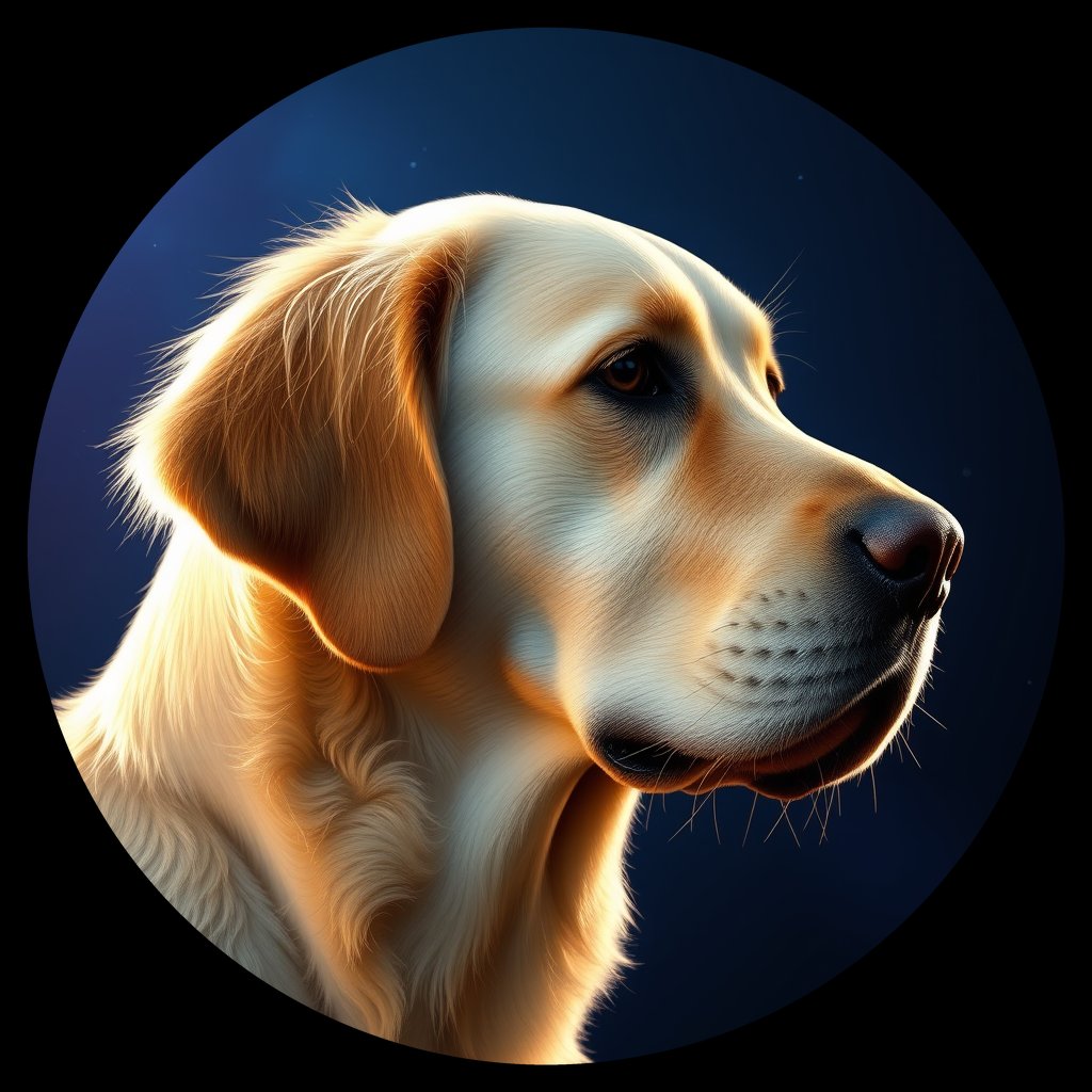 Cosmic medallion portrait of GRLS_grlsA71DQVVV, a Golden Retriever