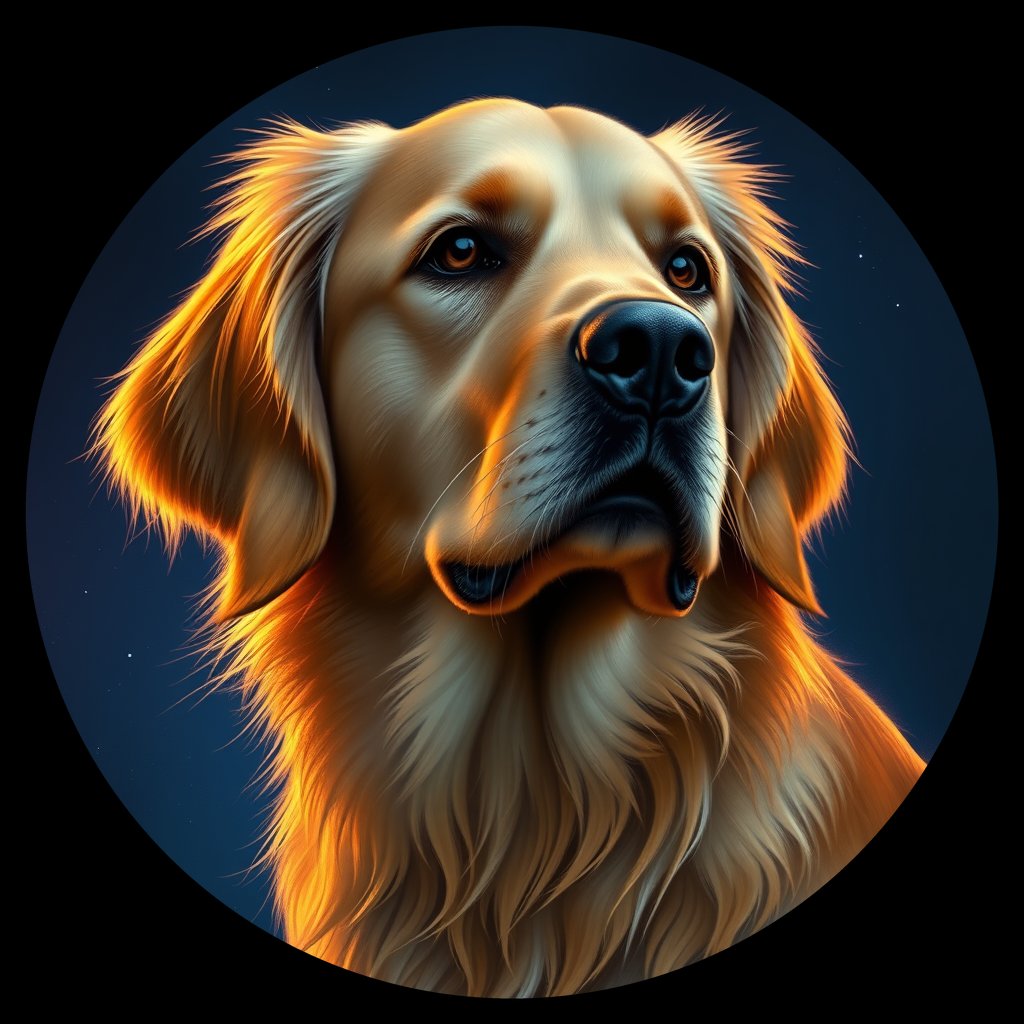 Cosmic medallion portrait of GRLS_grlsA7OKMPTT, a Golden Retriever