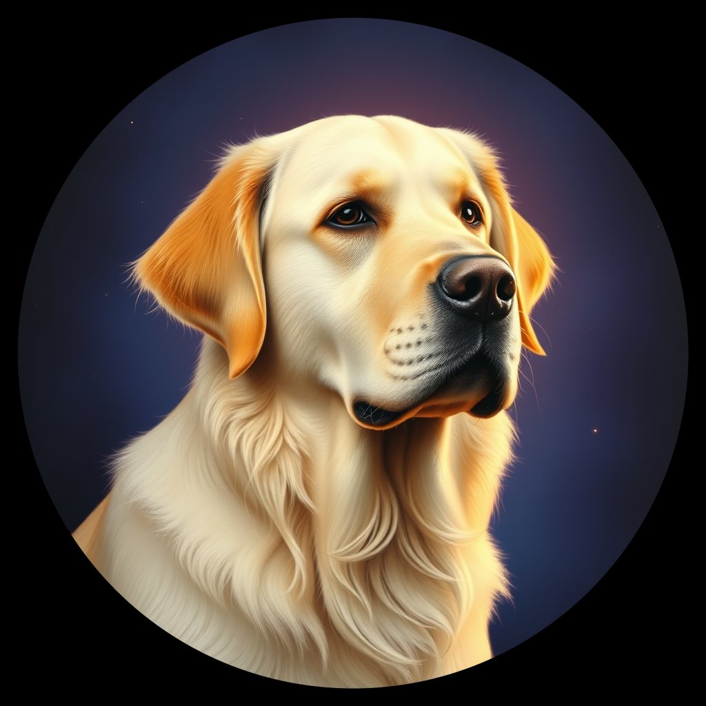 Cosmic medallion portrait of GRLS_grlsA7XQVQ, a Golden Retriever