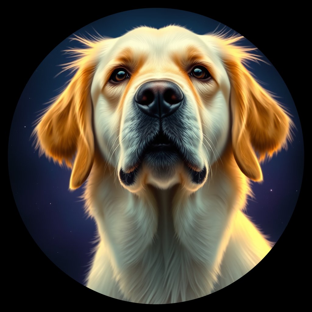 Cosmic medallion portrait of GRLS_grlsAG62ARQQ, a Golden Retriever