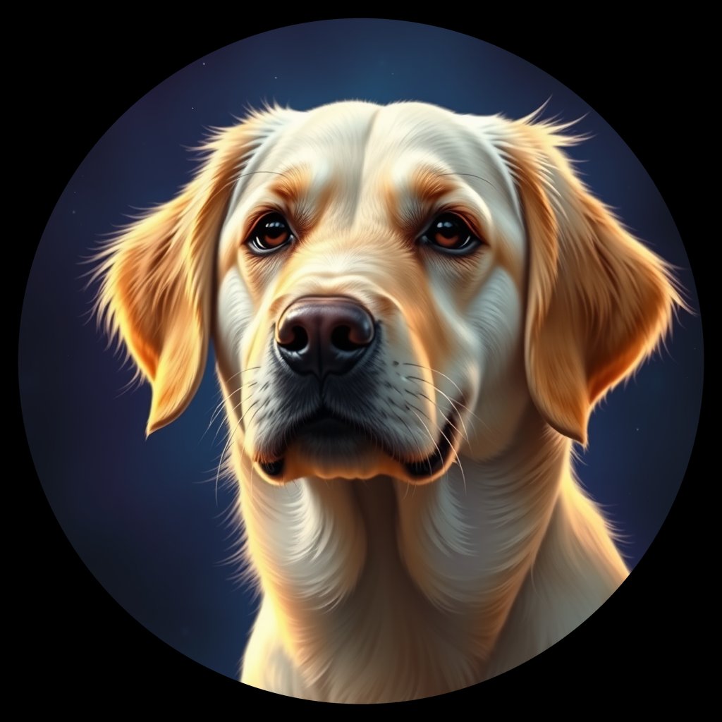 Cosmic medallion portrait of GRLS_grlsAGEYKUYY, a Golden Retriever