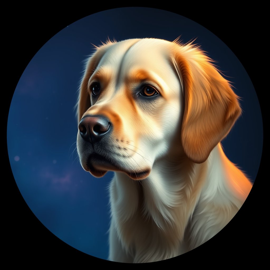 Cosmic medallion portrait of GRLS_grlsAGL6KI22, a Golden Retriever