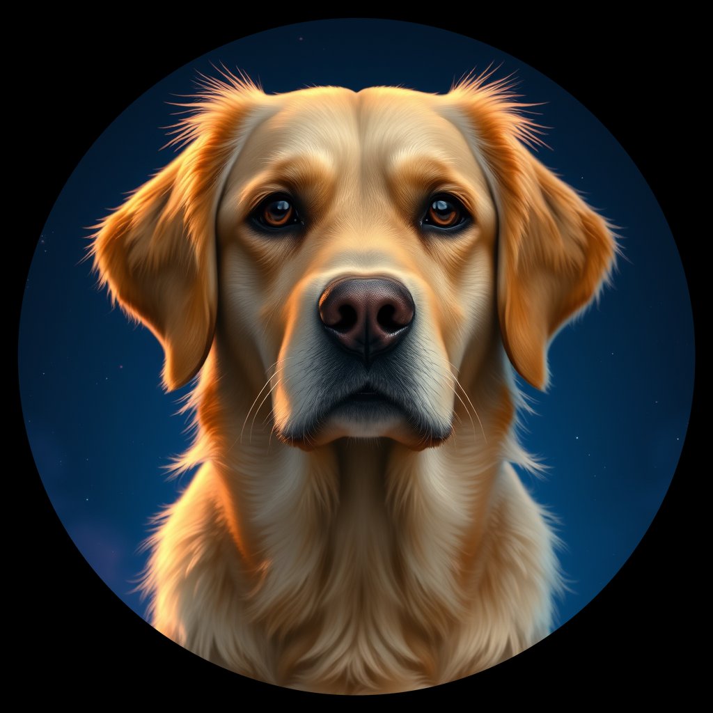 Cosmic medallion portrait of GRLS_grlsAHP3TT88, a Golden Retriever