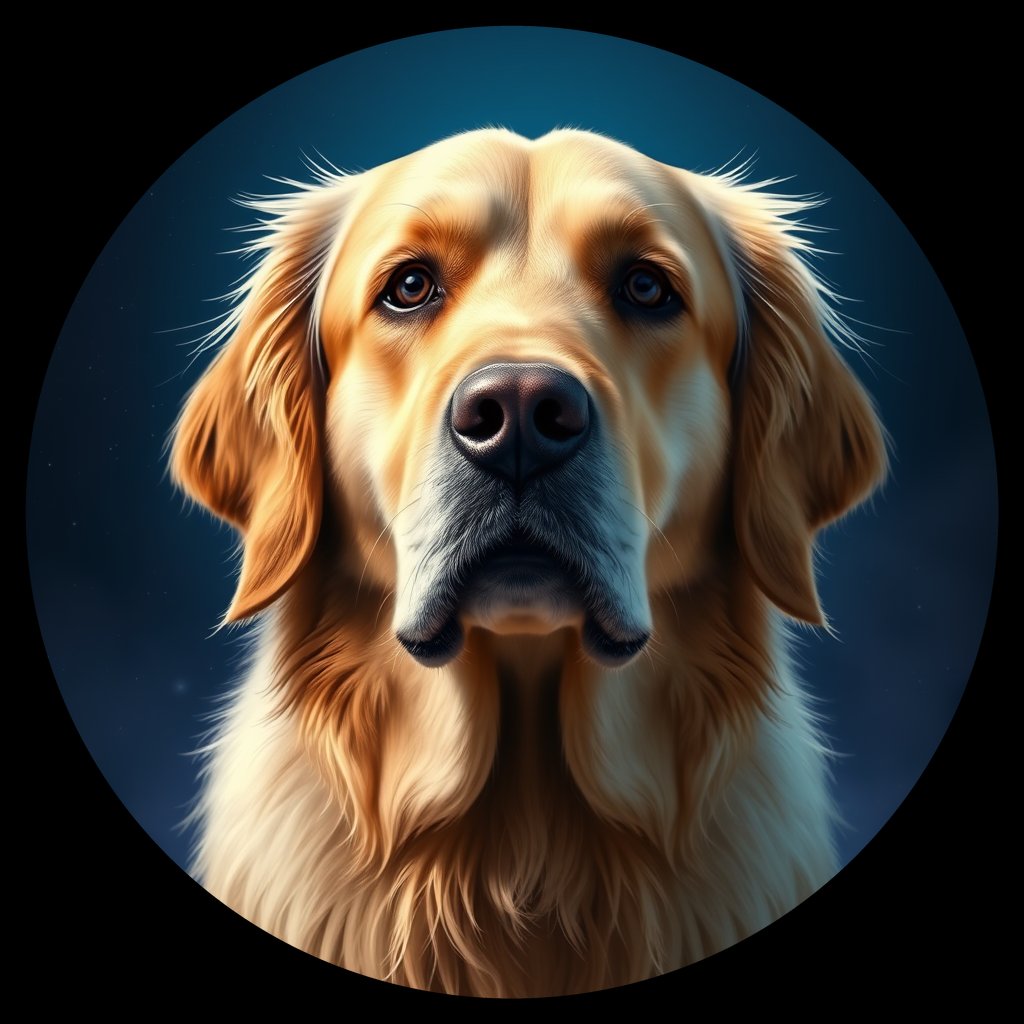 Cosmic medallion portrait of GRLS_grlsAI1I3YY, a Golden Retriever