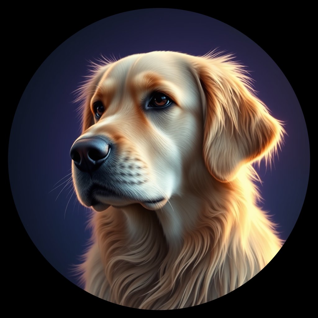 Cosmic medallion portrait of GRLS_grlsALG7L6EE, a Golden Retriever