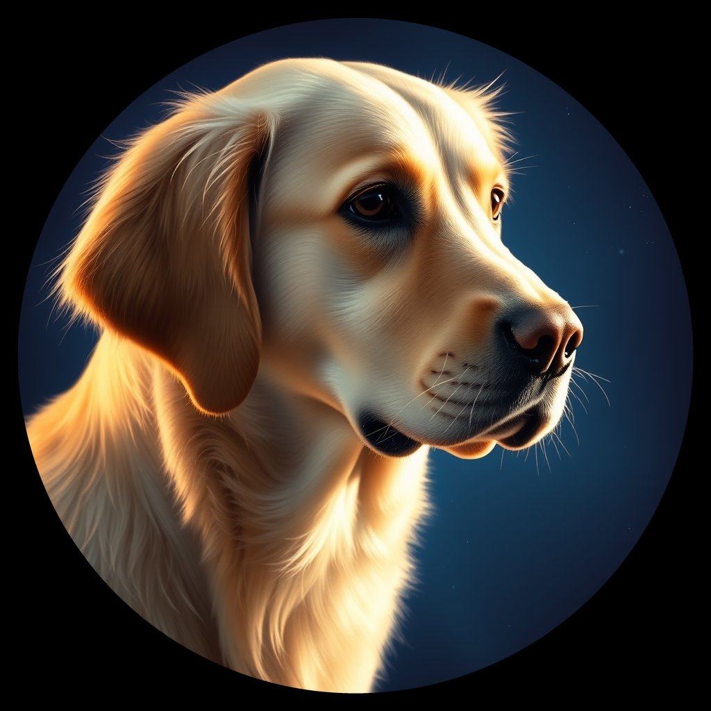 Cosmic medallion portrait of GRLS_grlsALZ9WRII, a Golden Retriever