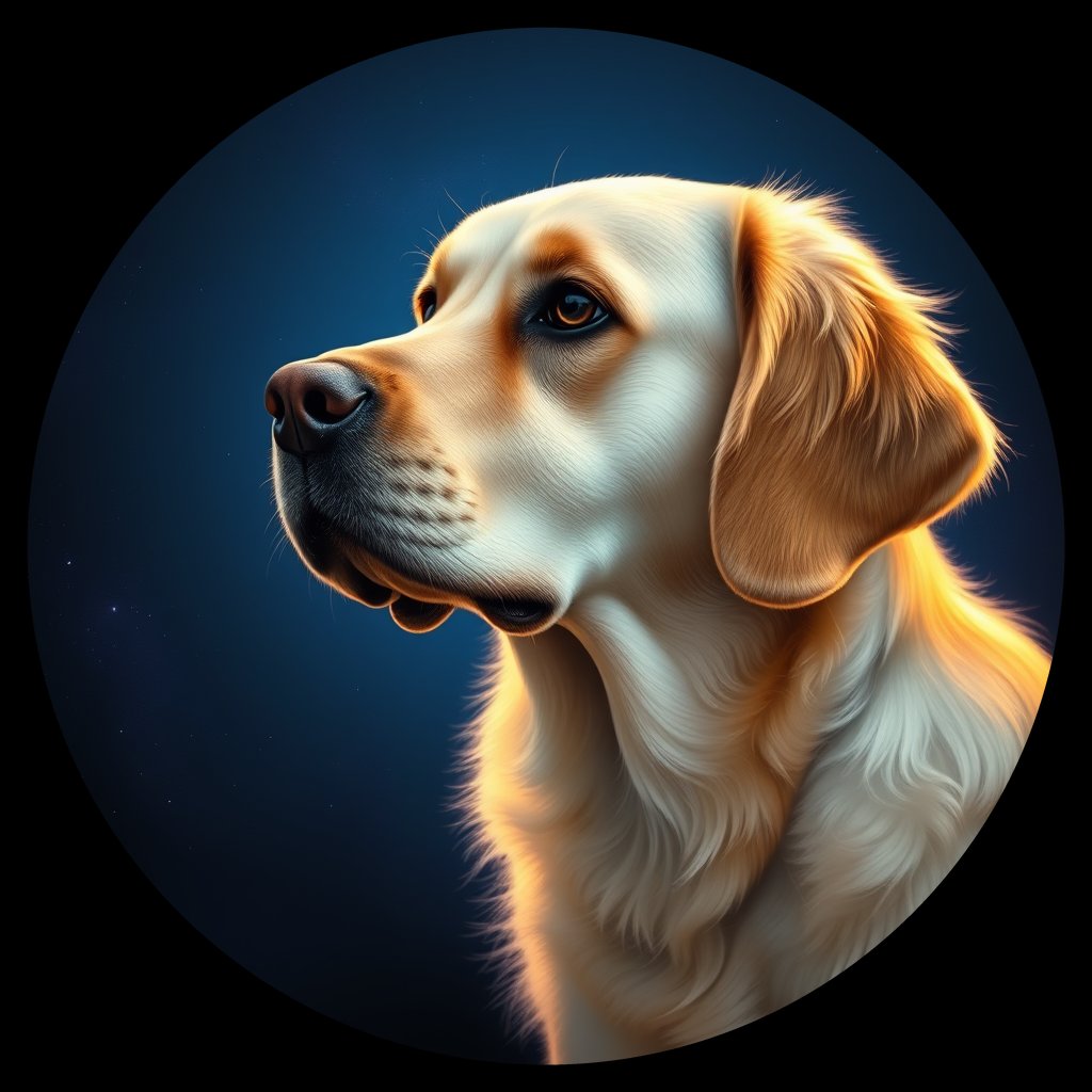 Cosmic medallion portrait of GRLS_grlsAQOKMLFF, a Golden Retriever