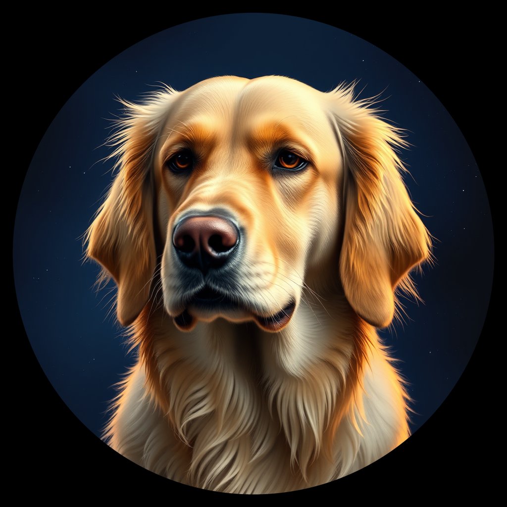 Cosmic medallion portrait of GRLS_grlsAQQ3B7GG, a Golden Retriever