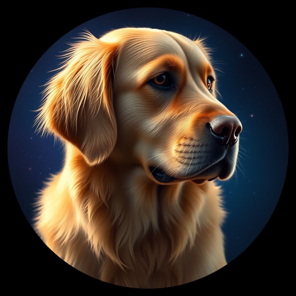 Cosmic medallion portrait of GRLS_grlsAR4XMH00, a Golden Retriever
