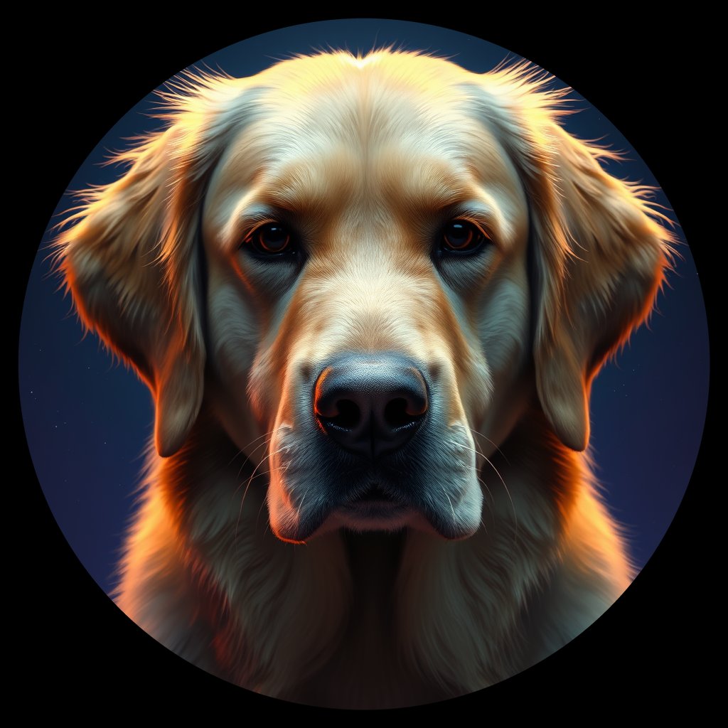 Cosmic medallion portrait of GRLS_grlsARPE20WW, a Golden Retriever