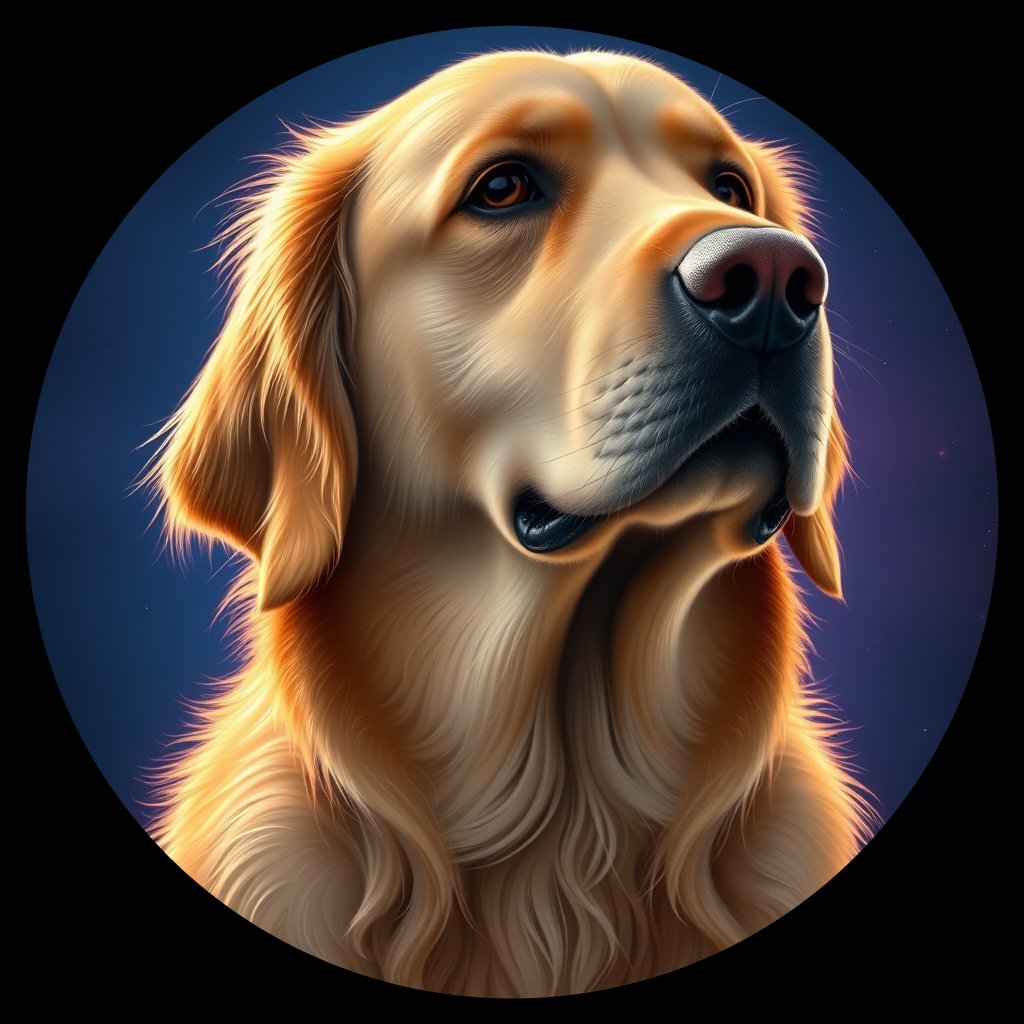 Cosmic medallion portrait of GRLS_grlsASIRG7QQ, a Golden Retriever