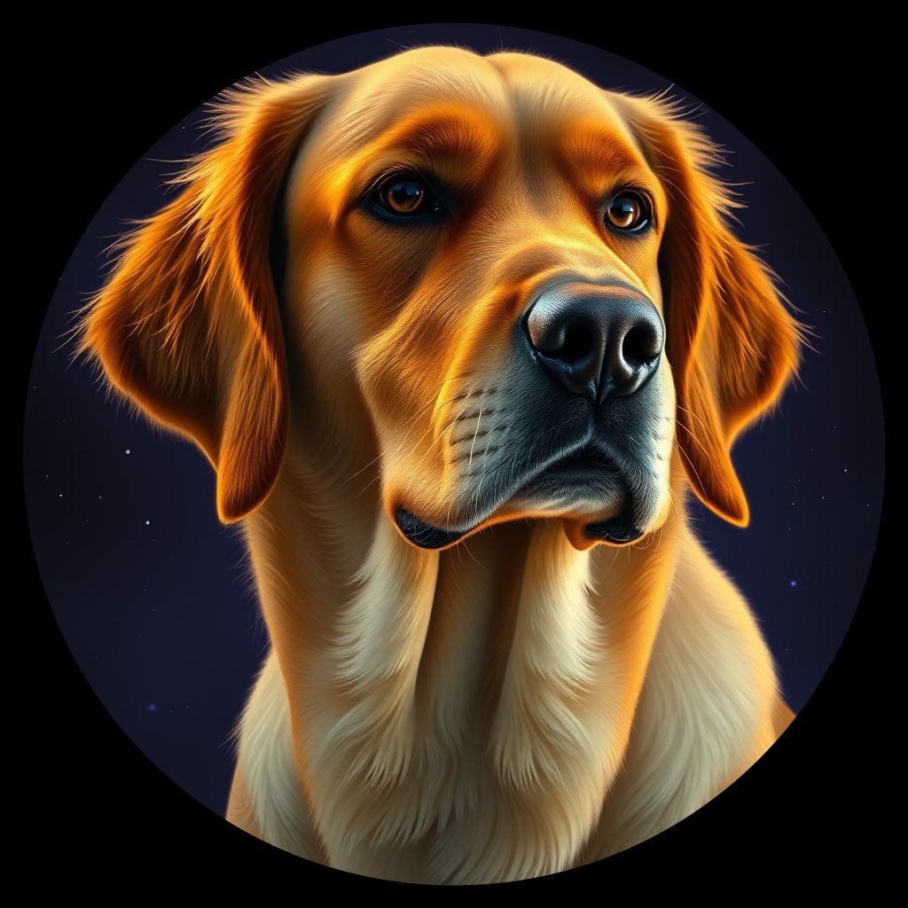 Cosmic medallion portrait of GRLS_grlsAV8T0BGG, a Golden Retriever