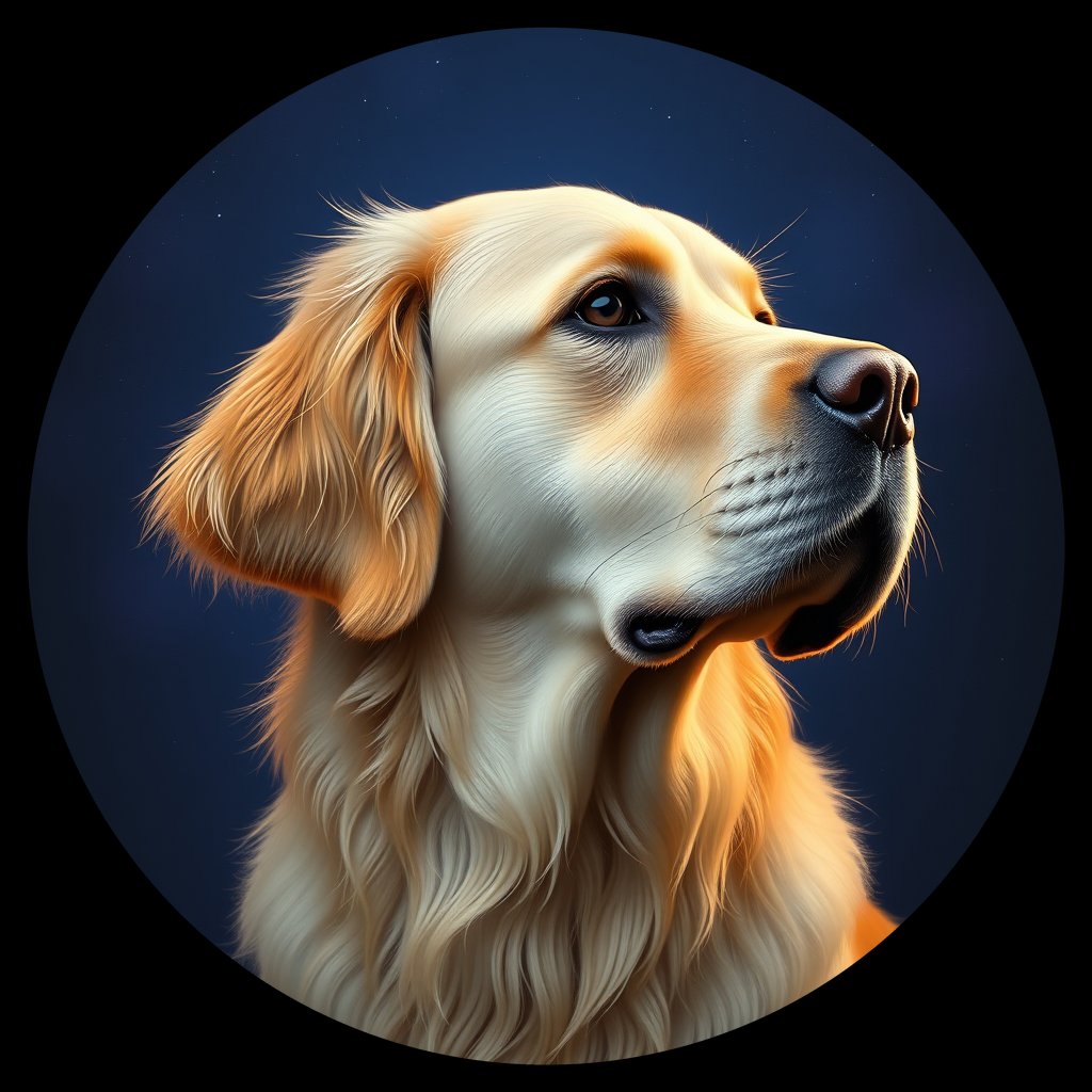 Cosmic medallion portrait of GRLS_grlsAXYZ0M33, a Golden Retriever