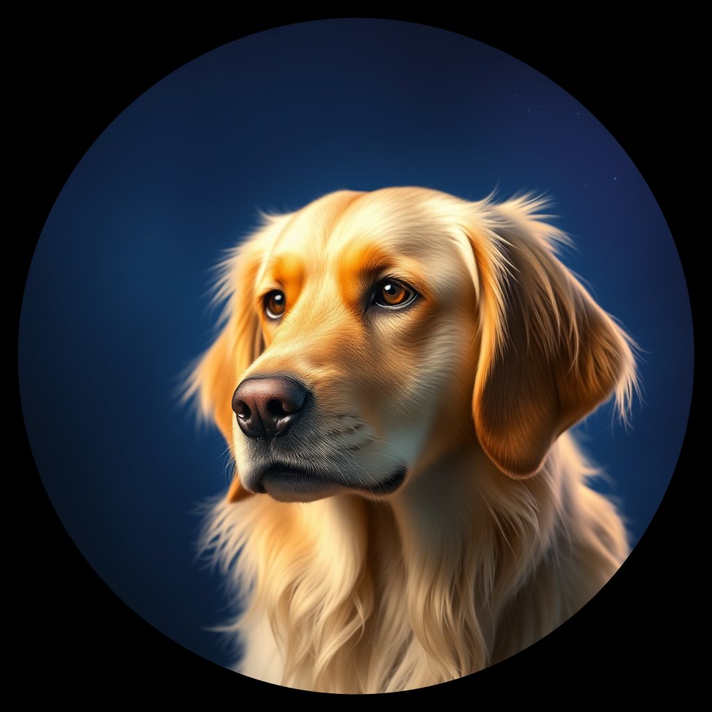 Cosmic medallion portrait of GRLS_grlsB1C8Z3DD, a Golden Retriever