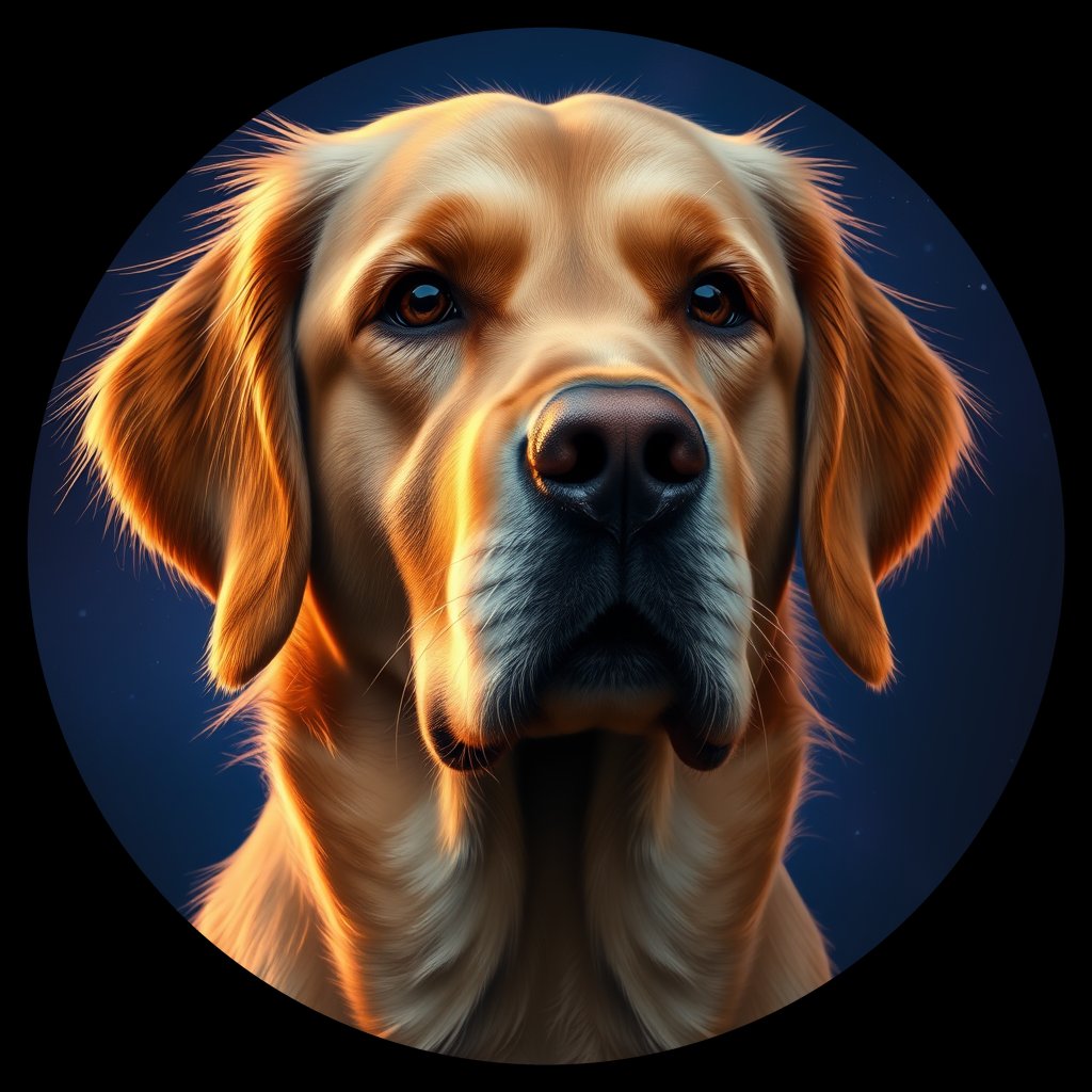 Cosmic medallion portrait of GRLS_grlsB4GNNEMM, a Golden Retriever
